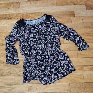 Girls long sleeve paisley print lace shoulder romper